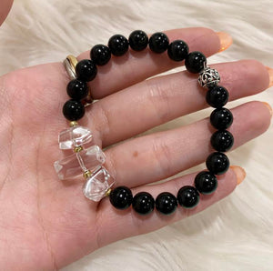 Black Tourmaline with Rock Crystal Chunks Genuine Crystal Bracelet (Healing)